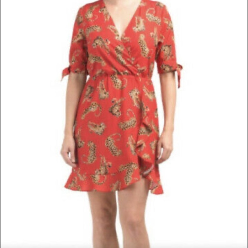 Anthropologie Hutch Dress V Neck Ruffle Front Leopard Print Tie Sleeves M